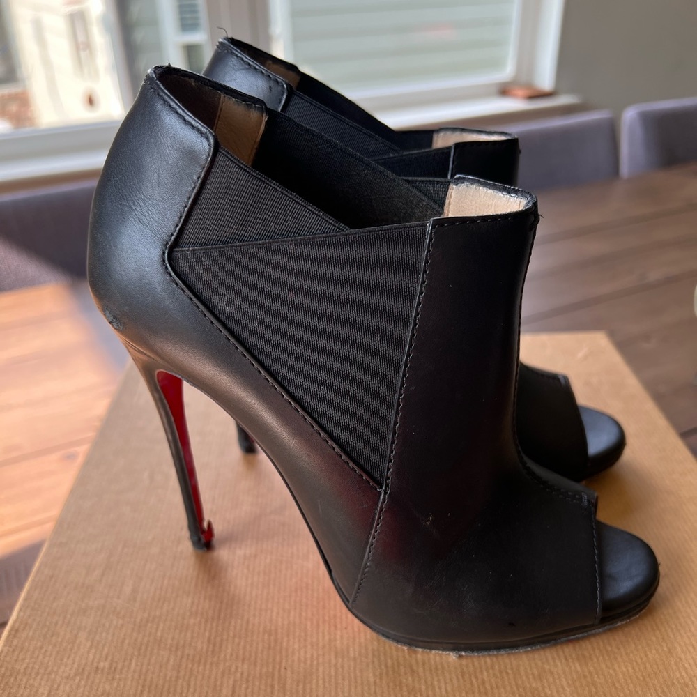 Christian Louboutin Black Leather Peep-Toe Ankle Booties with Red Soles
